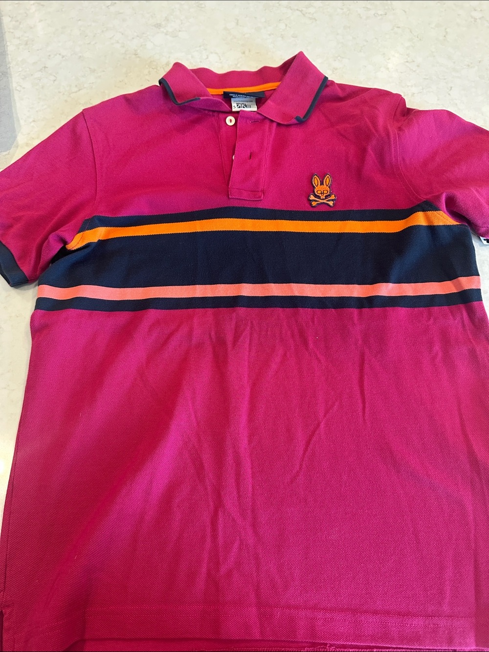 Psycho Bunny Magenta Polo with Navy, Orange & Pink Stripes